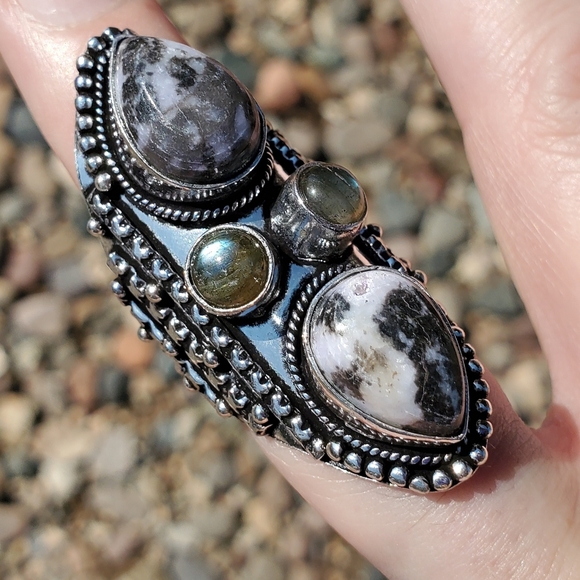 New Zebra Jasper and Labradorite 925 Silver Statement Ring. - Picture 7 of 16